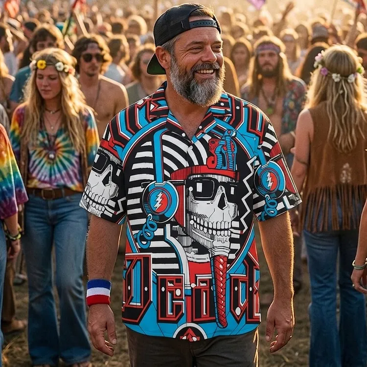 Vintage Grateful Dead Skull & Bear &Terrapin Graphic Cuban Collar Short Sleeve Shirt &ndash; Unisex Retro Cotton Top