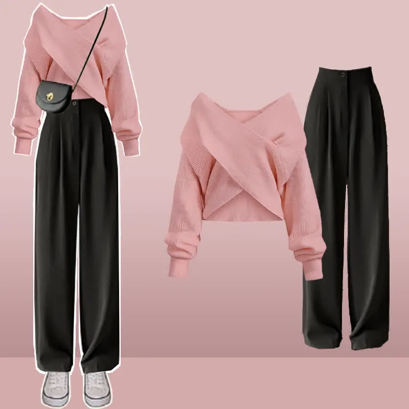 Chic Cross Knit Crop Sweater Casual Suit Pants