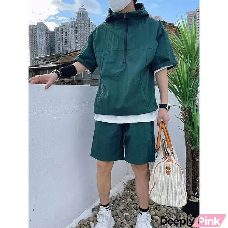 Men Casual Large Size Loose Zipper Solid Color Hooded Short Sleeve Top And Shorts Two-Piece Set