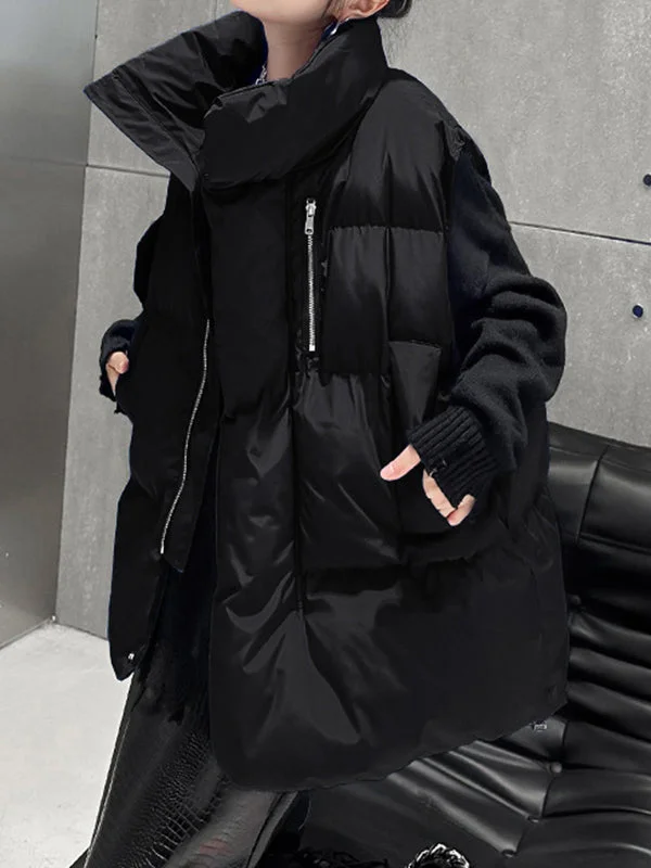 Pockets Quilted Solid Color Velvet Zipper Loose Sleeveless Stand Collar Vest Outerwear Padded Coat