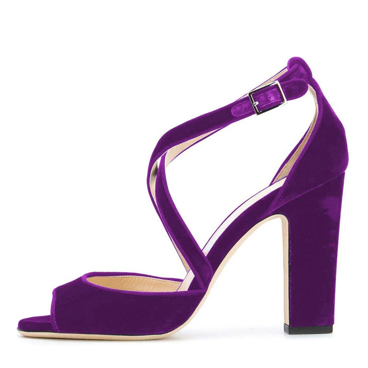 TAAFO Purple Velvet Cross Tied High Chunky Heels Women's Pumps Peep Toe Party Ladies Buckle Strap Shoes