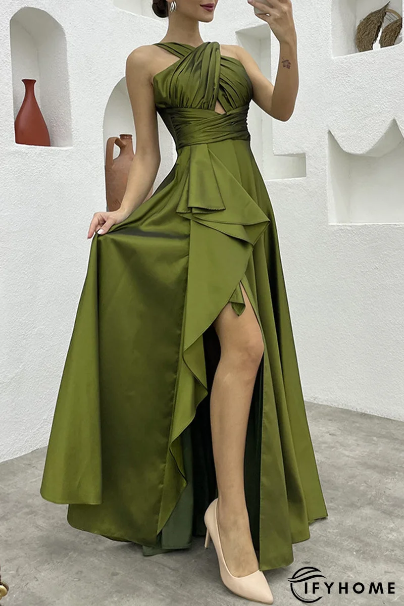 Elegant Formal Solid Slit Asymmetrical Halter Evening Dress Dresses | IFYHOME