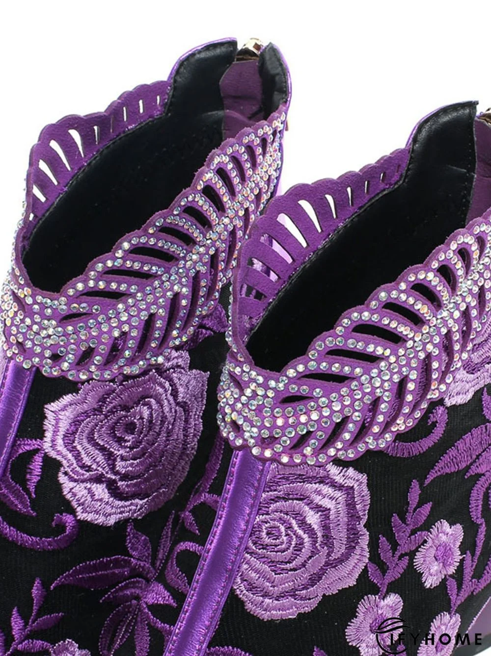 Retro Ethnic Embroidered Rhinestone Chunky Heel Zipper Boots | IFYHOME