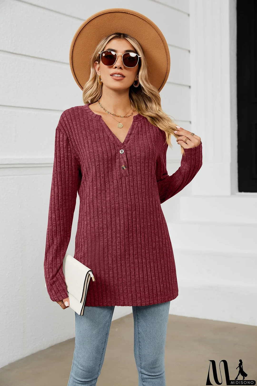 MidiSono - Notched Neck Ribbed Long Sleeve T-Shirt