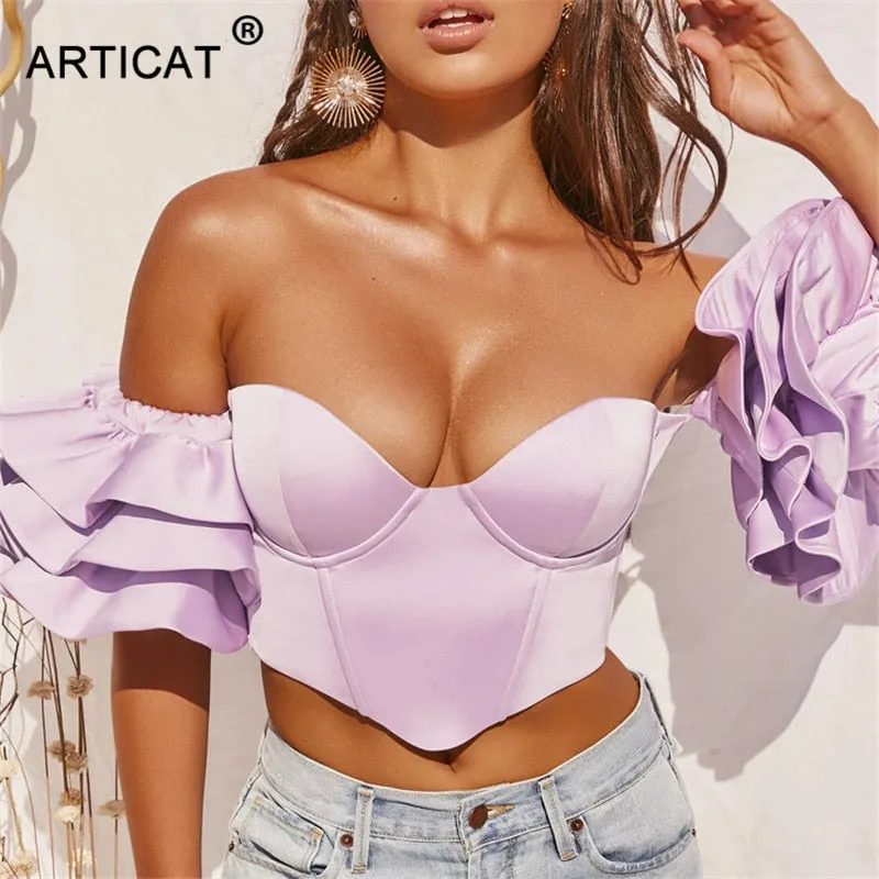 Articat Elegant Ruffles Sleeve Crop Tops Women Strapless Off Shoulder Backless Zipper Sexy Club Party Tops 2020 Summer Clothes