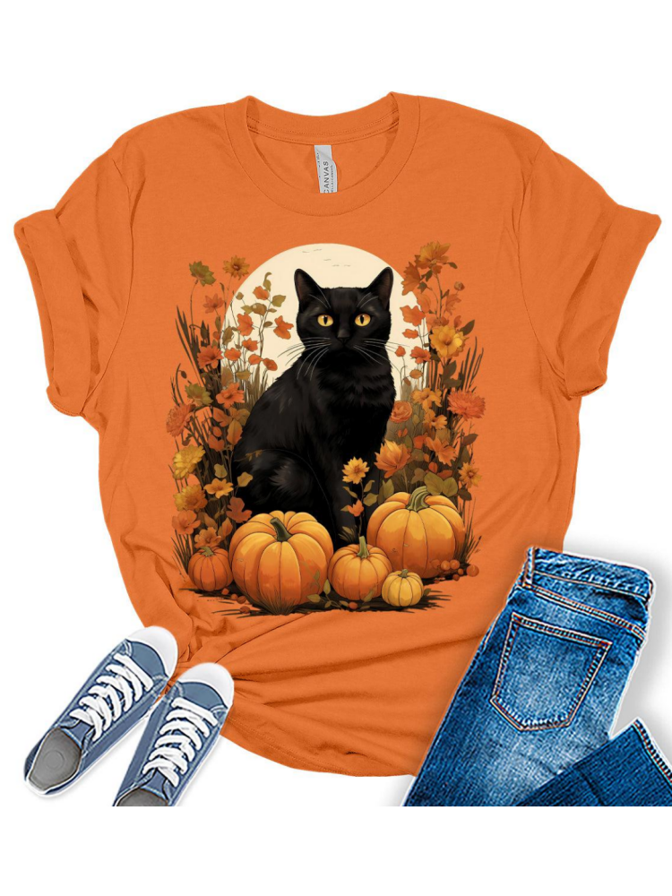 Womens Fall Black Cat Halloween Pumpkins T-Shirt