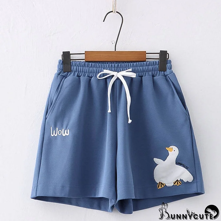 Cartoon Duck Embroidery Pocket Drawstring Shorts