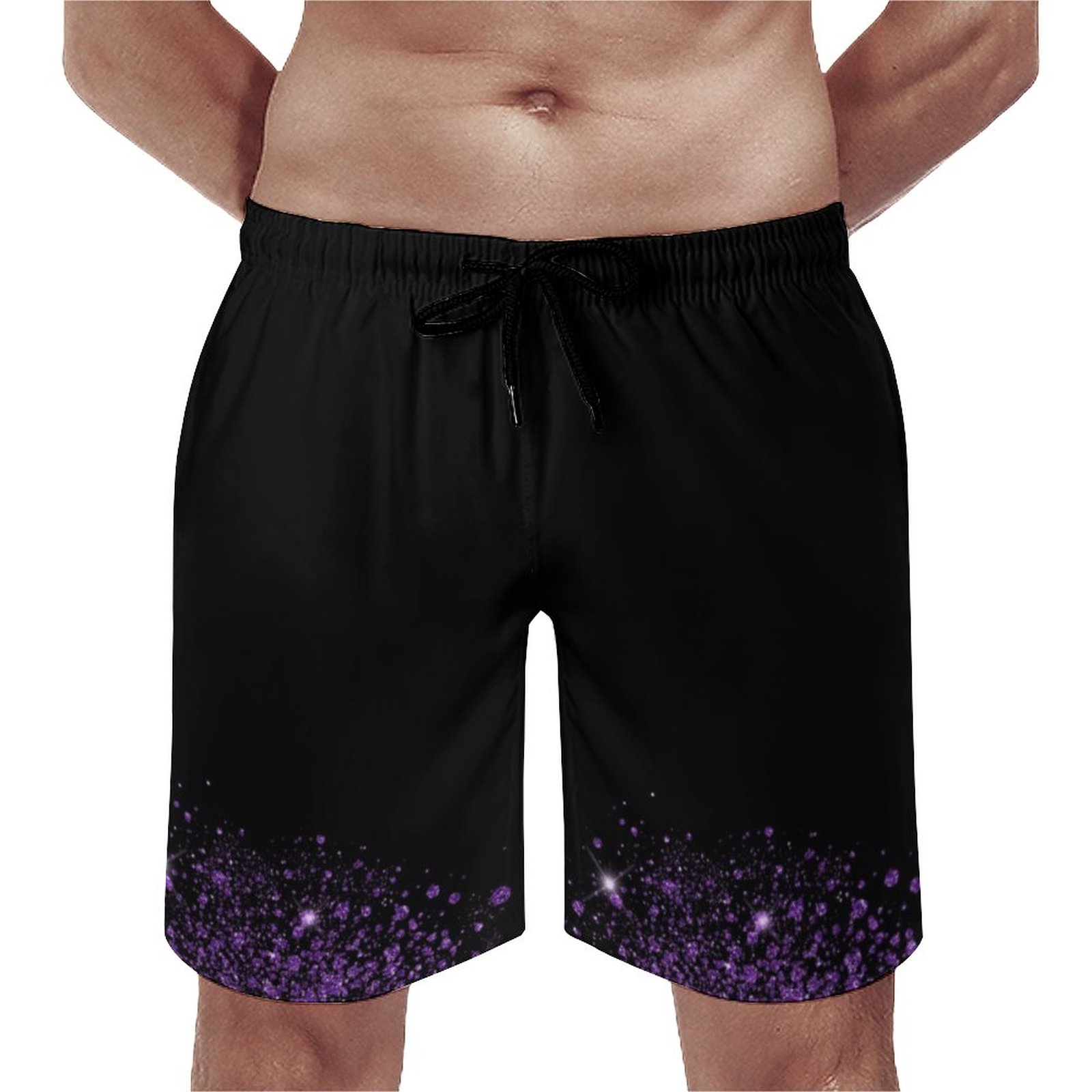 Black Purple Glitter Dust Elegant Men's Swim Trunks Summer Board Shorts Quick Dry Beach Short with Pockets