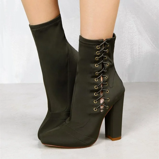 Black Green Lace Up Pointy Toe Fashion Ankle Boots Vdcoo