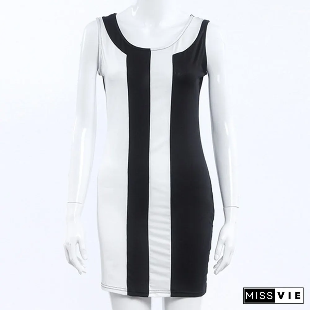 V-Neck Summer Womens O-Neck Sleeveless Black and White Patchwork Party Mini Dress Bodycon