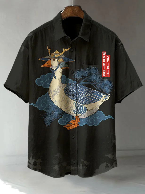 Men's Japanese Duck Warrior Spirit Print Short Sleeve Shirt