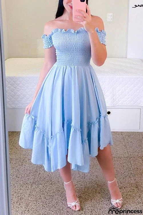 Shirred Bodice Off Shoulder Flap Asymmetric Dress