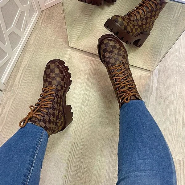 Checkerboard Pattern Lace Up Chunky Sole Boots