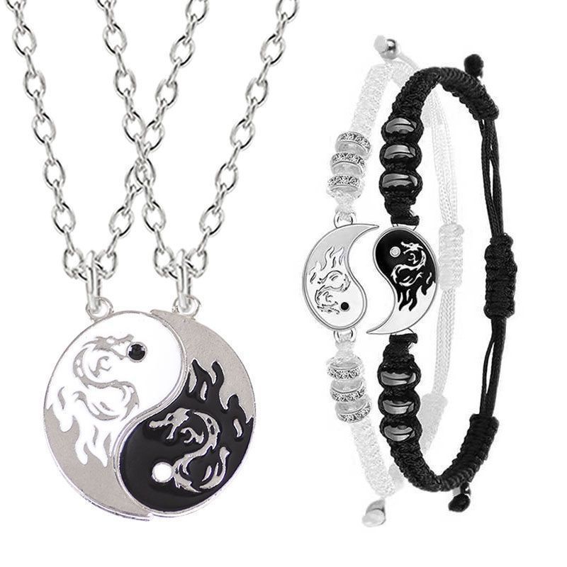 Loveyoufancy LoveYouFancy Vintage Black and White Tai Chi Dragon Necklace Set for Friends and Couples