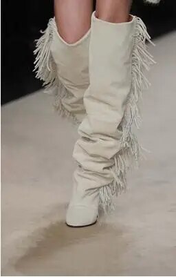 VCSHOES Women Knee High Suede Fringe Boots Black/White/Gray Platform Wedged Tall Boots Women Motorcycle Tassel Boots