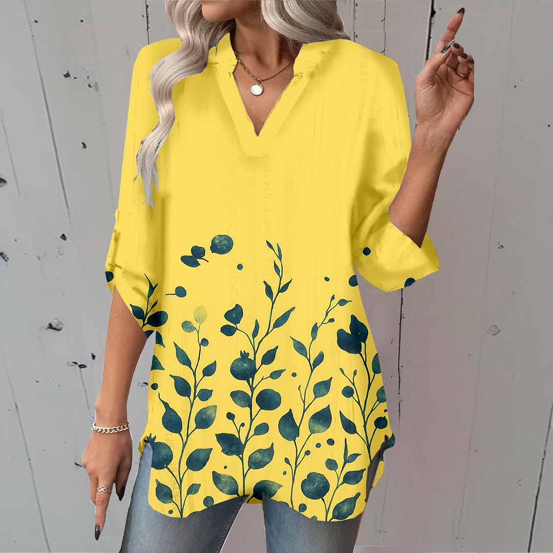 Women Floral,Yellow DZGA0010 3/4 Sleeve V-neck Printed Graphic Button Tops