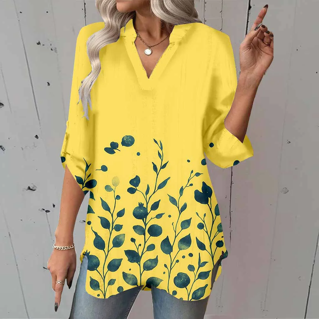 Women Floral,Yellow DZGA0010 3/4 Sleeve V-neck Printed Graphic Button Tops