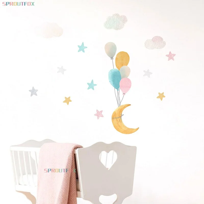 Colorful Balloon Moon Stars Cartoon Wall Stickers for Baby Rooms Door Decoration Stickers Waterproof Vinyl Wall Decal Kawaii