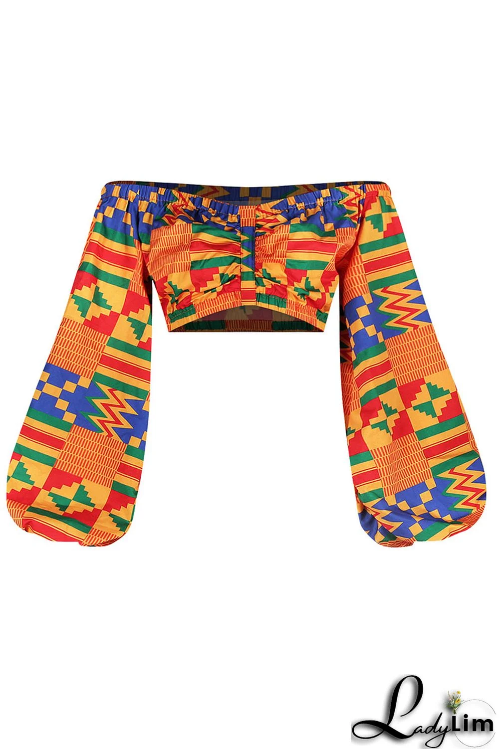 Yellow Vintage Elegant Print Patchwork Off the Shoulder Tops