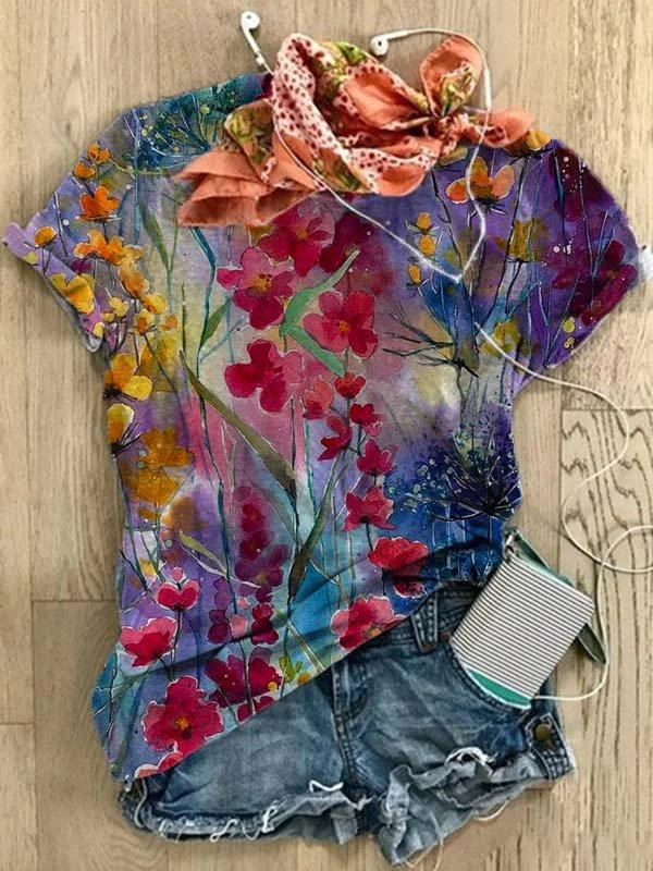 Casual Crew Neck Printed Short Sleeve Shirts & Tops