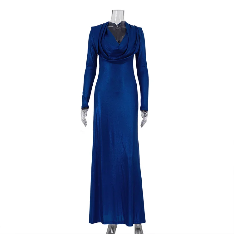 Solid Color Long Sleeve Swing Collar Hooded Slim Fit High Waist Sheath Dress
