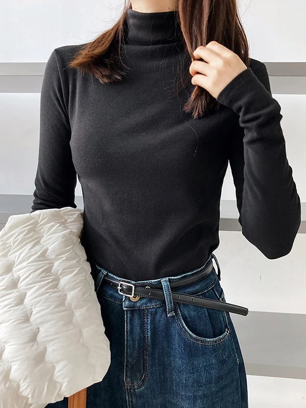 Keep Warm Solid Color Velvet Long Sleeves Skinny High-Neck T-Shirts Tops