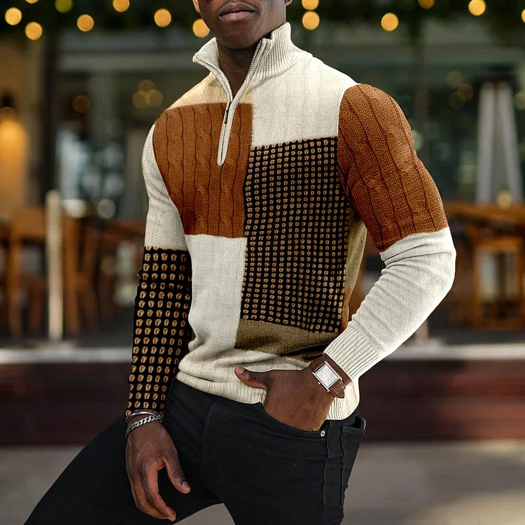 LONG SLEEVE CONTRASTING COLOR HALF ZIP MEN'S T-SHIRT
