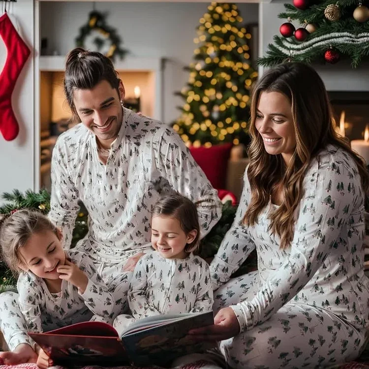 White Christmas Tree Pattern Matching Family Pajamas Set