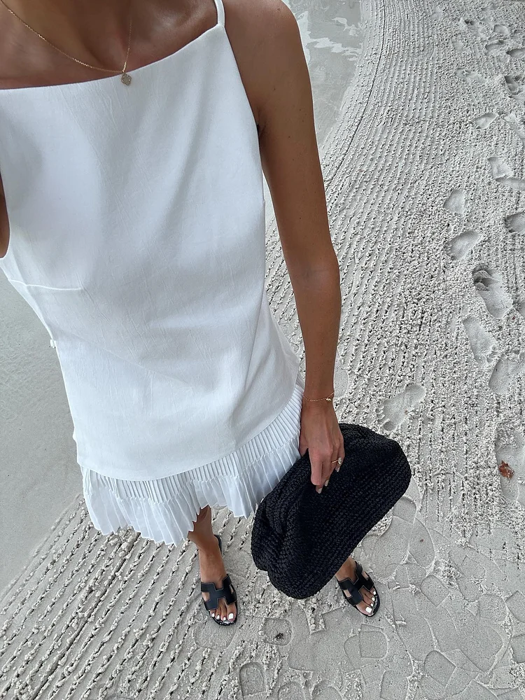 White Halter Top & Pleated Skirt Set