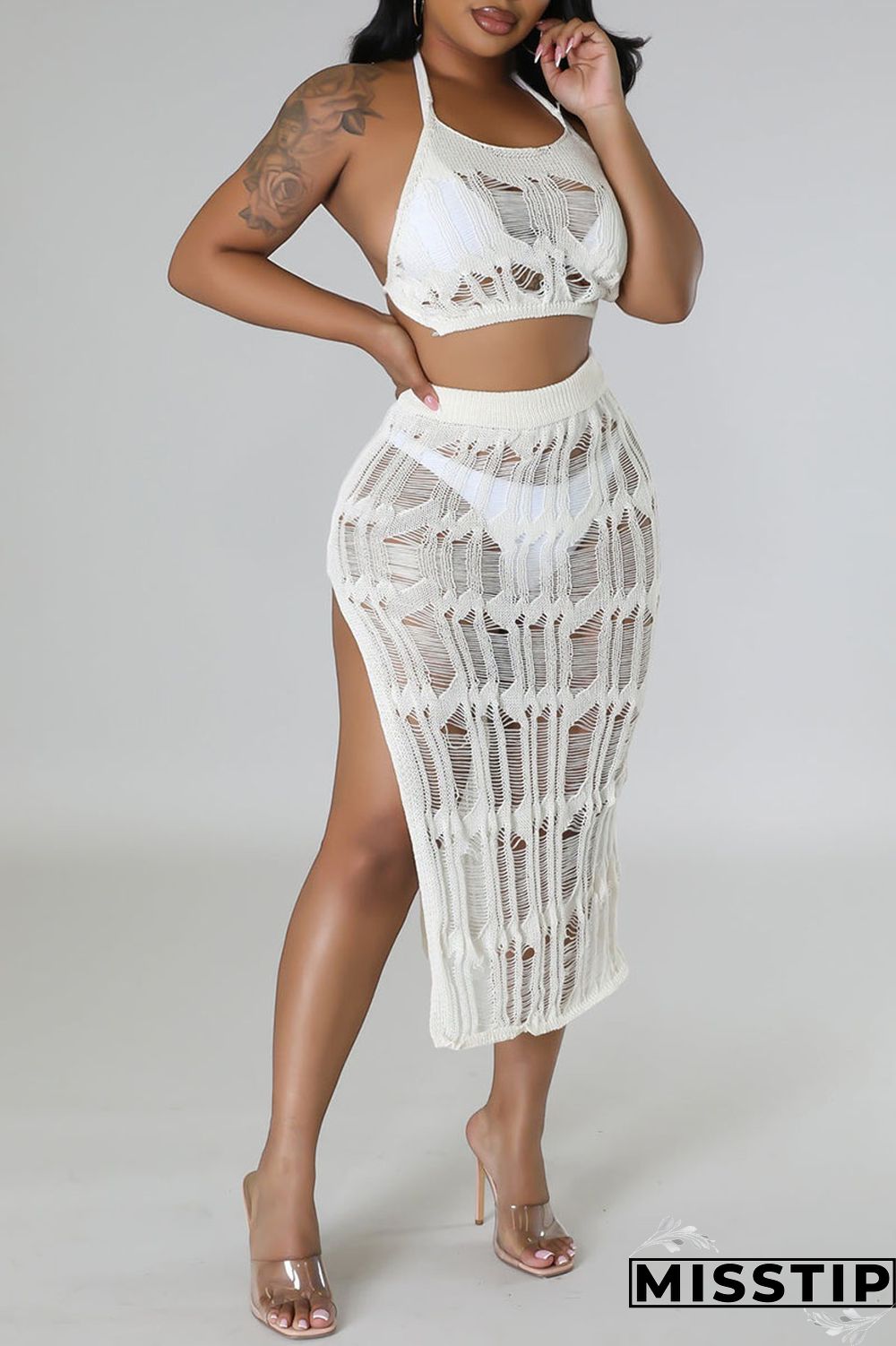 Khaki Sexy Solid Hollowed Out Patchwork Backless Slit Halter Sleeveless Two Pieces