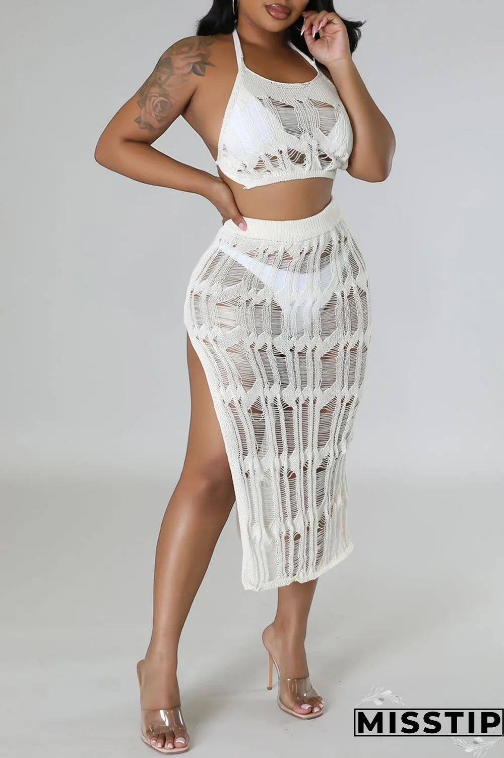 Khaki Sexy Solid Hollowed Out Patchwork Backless Slit Halter Sleeveless Two Pieces
