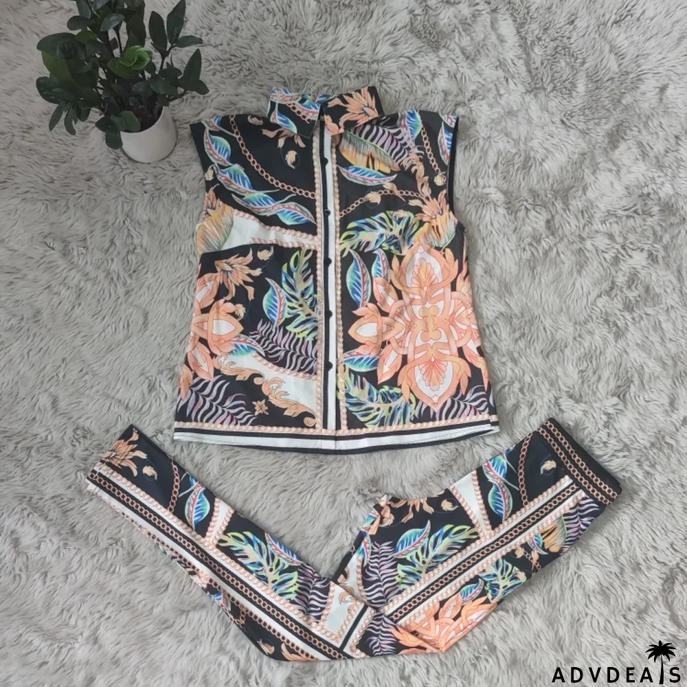 Summer Print Retro Classy Blouse and Pants 2pc Set