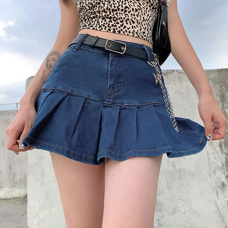 HEYounGIRL Harajuku Punk Denim Mini Pleated Skirt Ladies Summer High Waist Jeans Shorts Skirts Women Ruffles Fashion Korean