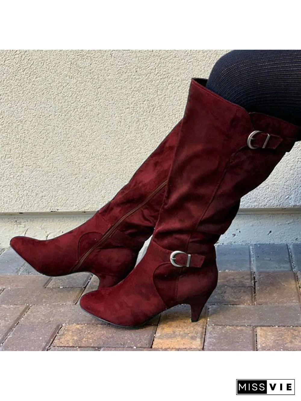 Simple Plain Adjustable Buckle Zipper Mid Calf Boots