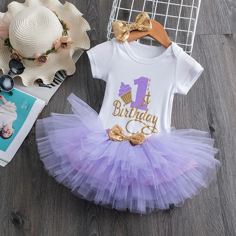 Flower Headband Short Sleeve Top and Tutu Dress Outfits 3pcs for 1 Year Baby Girls First Birthday Party Cotume Newborn Clothes