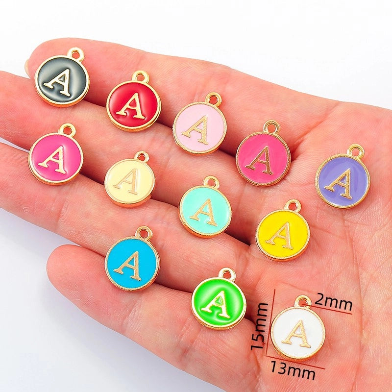 12 Color Round Drop Oil English Letter Alloy Pendant DIY Jewelry Accessories W85