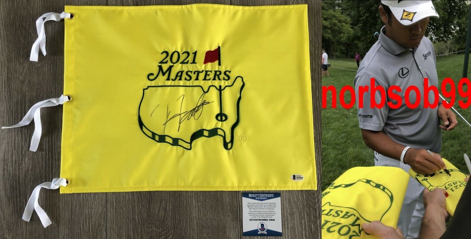 HIDEKI MATSUYAMA SIGNED 2021 MASTERS PIN FLAG w/ BECKETT BAS COA & PROOF PICTURE