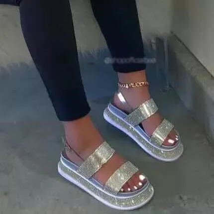 Luxury Trend Women Rhinestone Sandals Platform Wedge Mid Heel Thick Sole Outdoor Shiny Crystal Sexy Ladies Female 2021 Summe