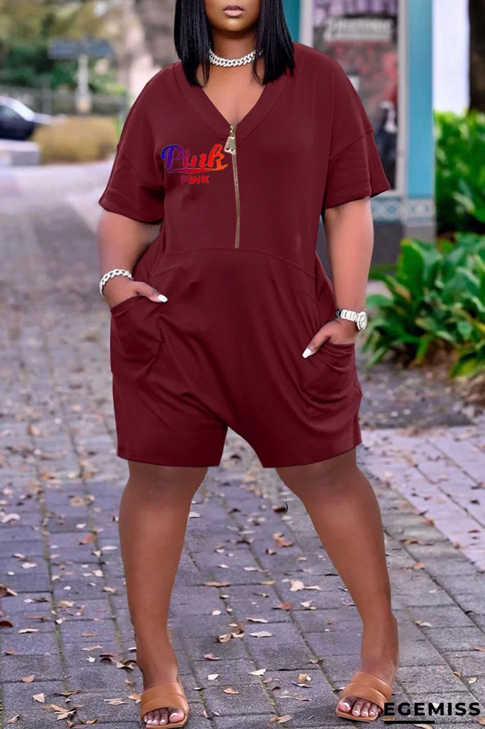 Burgundy Fashion Casual Letter Print Patchwork V Neck Regular Romper | EGEMISS