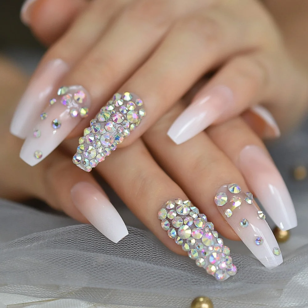 Luxury AB Stone Faux Ongles Rhinestones Decorative Extra Long Square Fake Nails Gegoues Designed Manicure Tips Nude Color-Nail Inspo