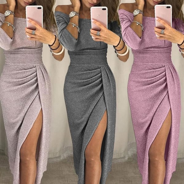 Women Fashion Off Shoulder High Slit Dress Shiny Long Sleeve Sexy Dresses - Shop Trendy Women's Fashion | TeeYours
