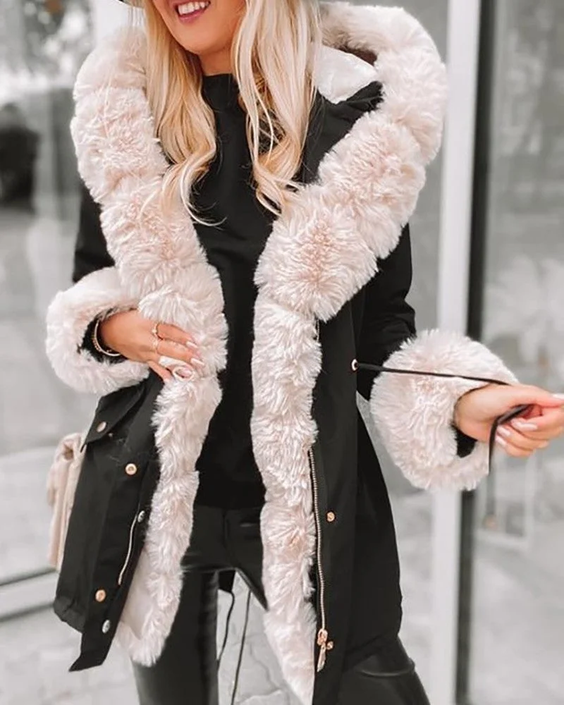 Faux Fur Patch Pocket Zipper Design Hooded Coat | EGEMISS