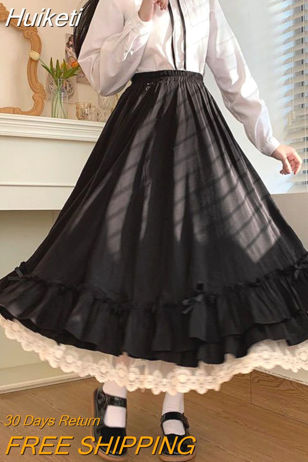 Huiketi Sweet Japanese Long Skirt Solid Color Double Layer Vintage French Ruffled A-Line Pleated Skirt Hepburn Black Lace Skirt