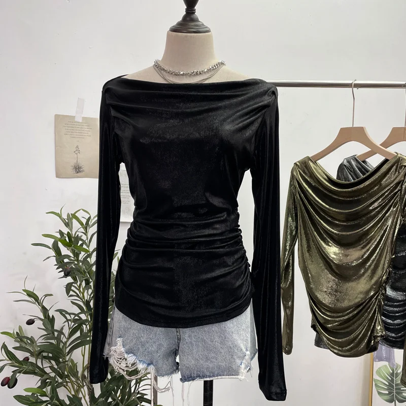 Uveng Real Shooting Stacking Long-Sleeved Pile Folded Shoulder T-Shirt Metal-Sclide T-Shirt 8888