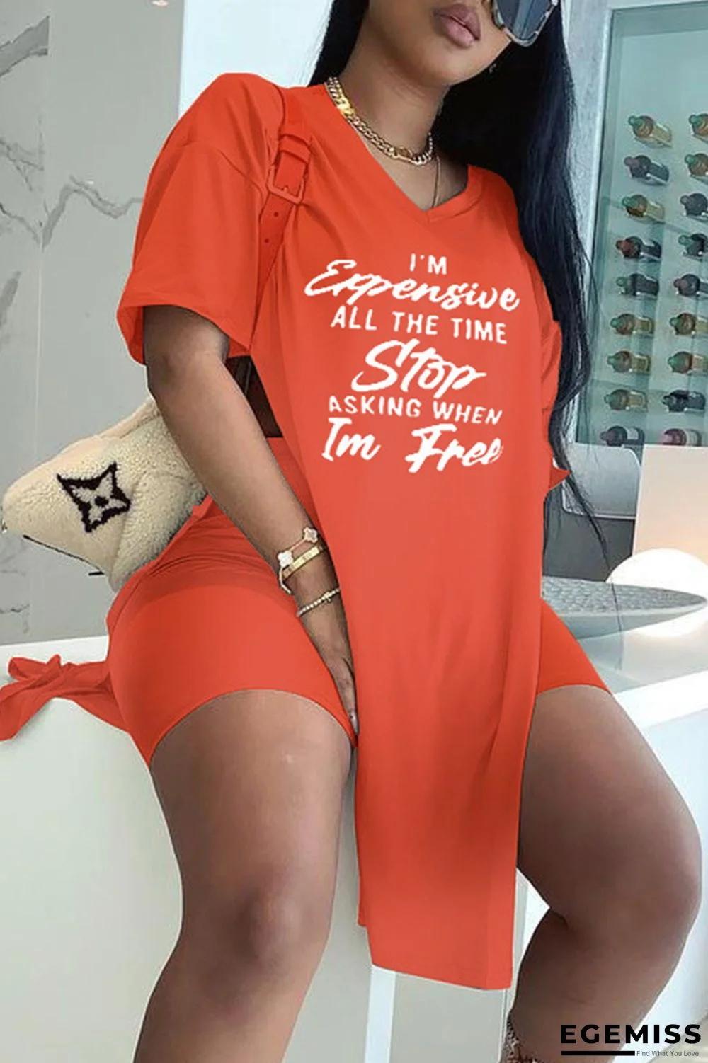 Orange Fashion Casual Letter Print Slit V Neck Short Sleeve Two Pieces | EGEMISS
