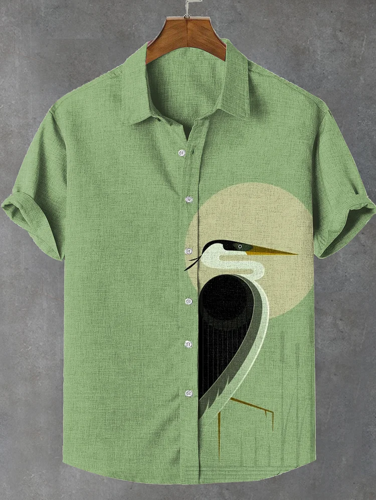 Men's Heron In The Reeds Nature Color Contrast Art Linen Blend Shirt