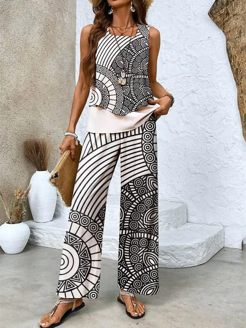 Women's Sleeveless Square Collar Graphic Printed Casual Set