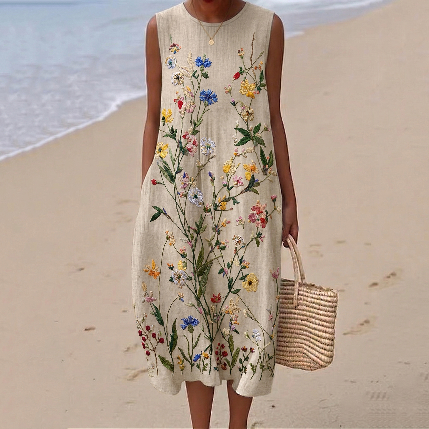 Comstylish Women's Floral Pattern Round Neck Sleeveless Midi Dress