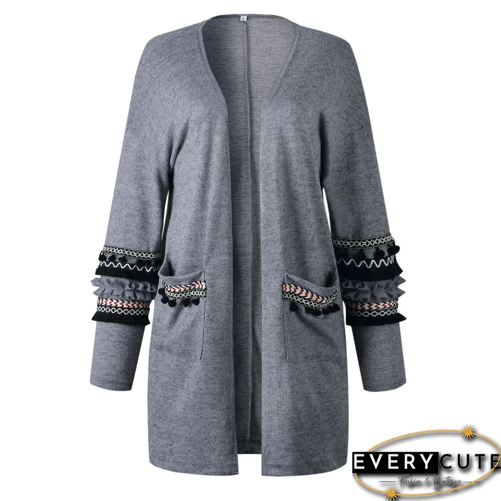 Front Open Long Sleeves Pocketed Cardigan Sweater
