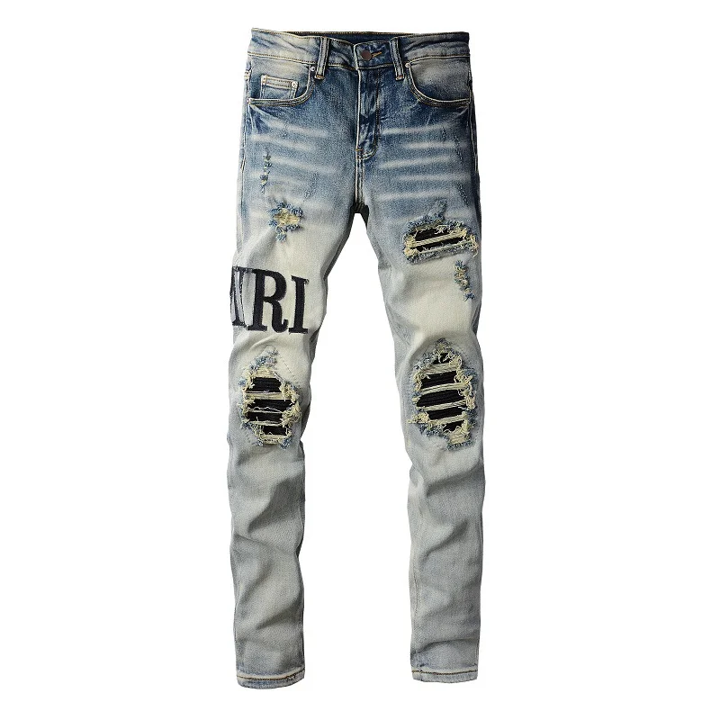 Men's High Street Jeans Ripped Patch Retro Letter Elastic Slim Pants